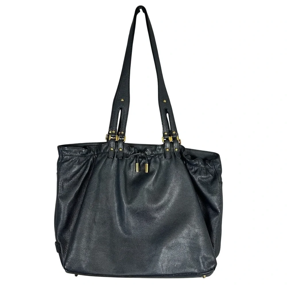 DKNY Karen Large Black‎ Leather Drawstring Shoulder Tote Bag Gold Hardware